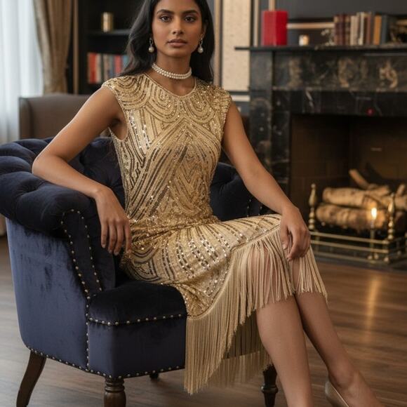 Glamorous Gold Sequin Midi Dress - Picture 2 of 8